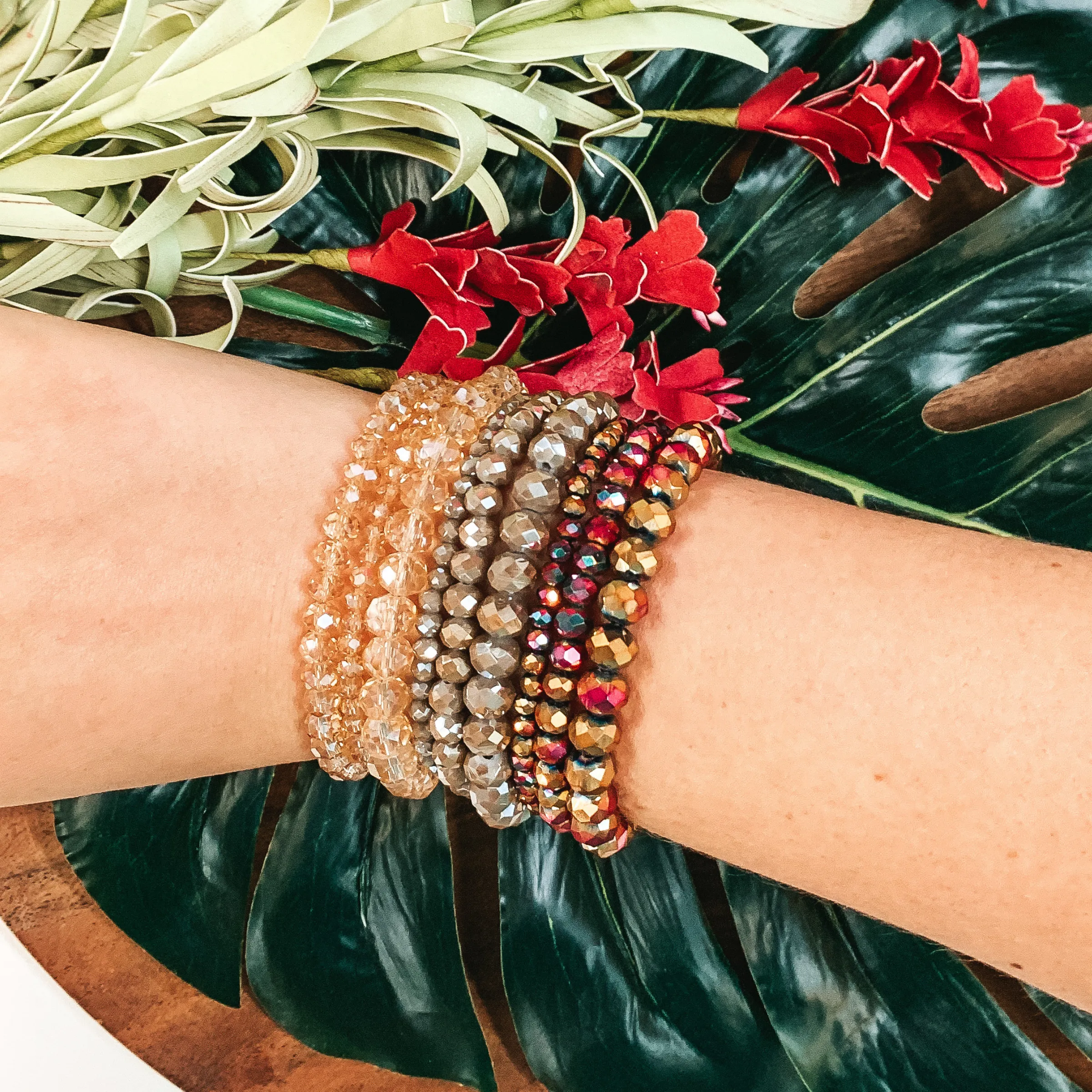 Nine Piece Crystal Bracelet Set in Iridescent Neutrals