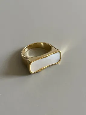 Organic Mother Of Pearl Wave Bar Ring In Gold & Ivory