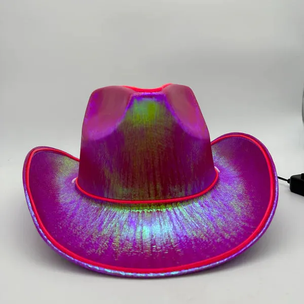 Pink EL WIRE Light Up Iridescent Space Cowboy Hat - Pack of 2 Hats