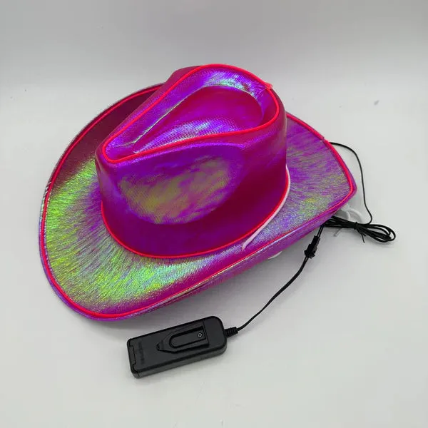 Pink EL WIRE Light Up Iridescent Space Cowboy Hat - Pack of 2 Hats