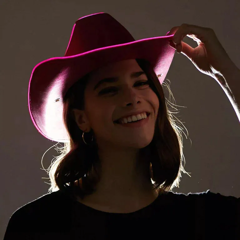 Pink EL Wire Light Up Plain Fabric Cowboy Hat - Pack of 3 Hats