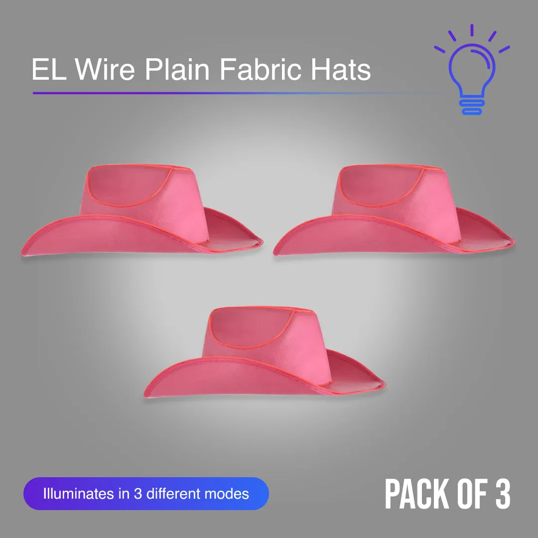 Pink EL Wire Light Up Plain Fabric Cowboy Hat - Pack of 3 Hats
