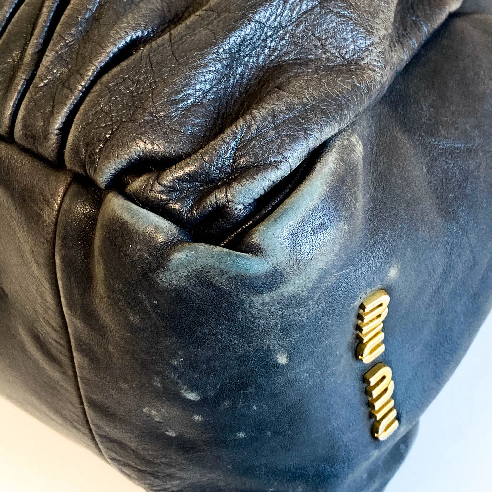 Pleated Leather Black Gold Hardware Handbag
