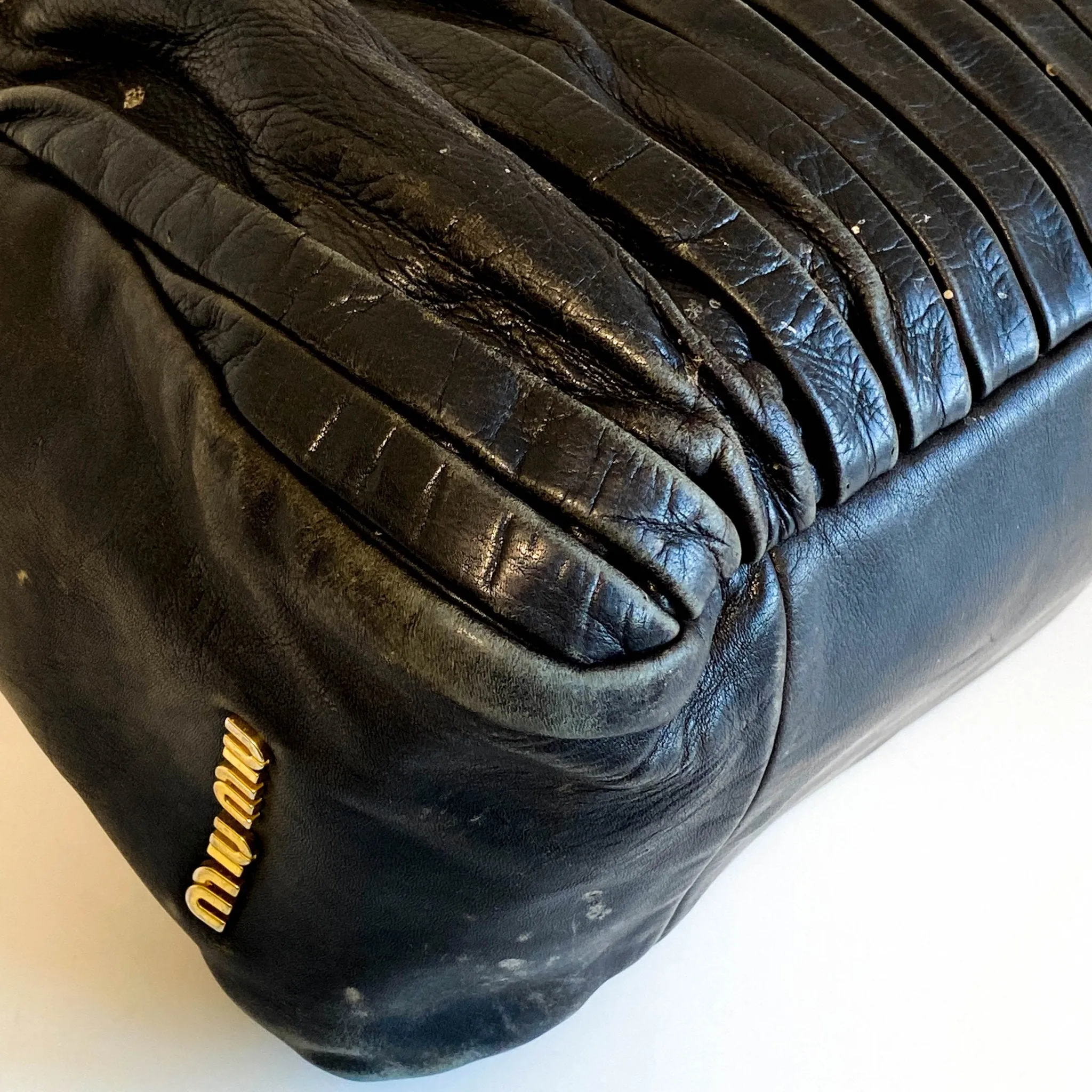 Pleated Leather Black Gold Hardware Handbag