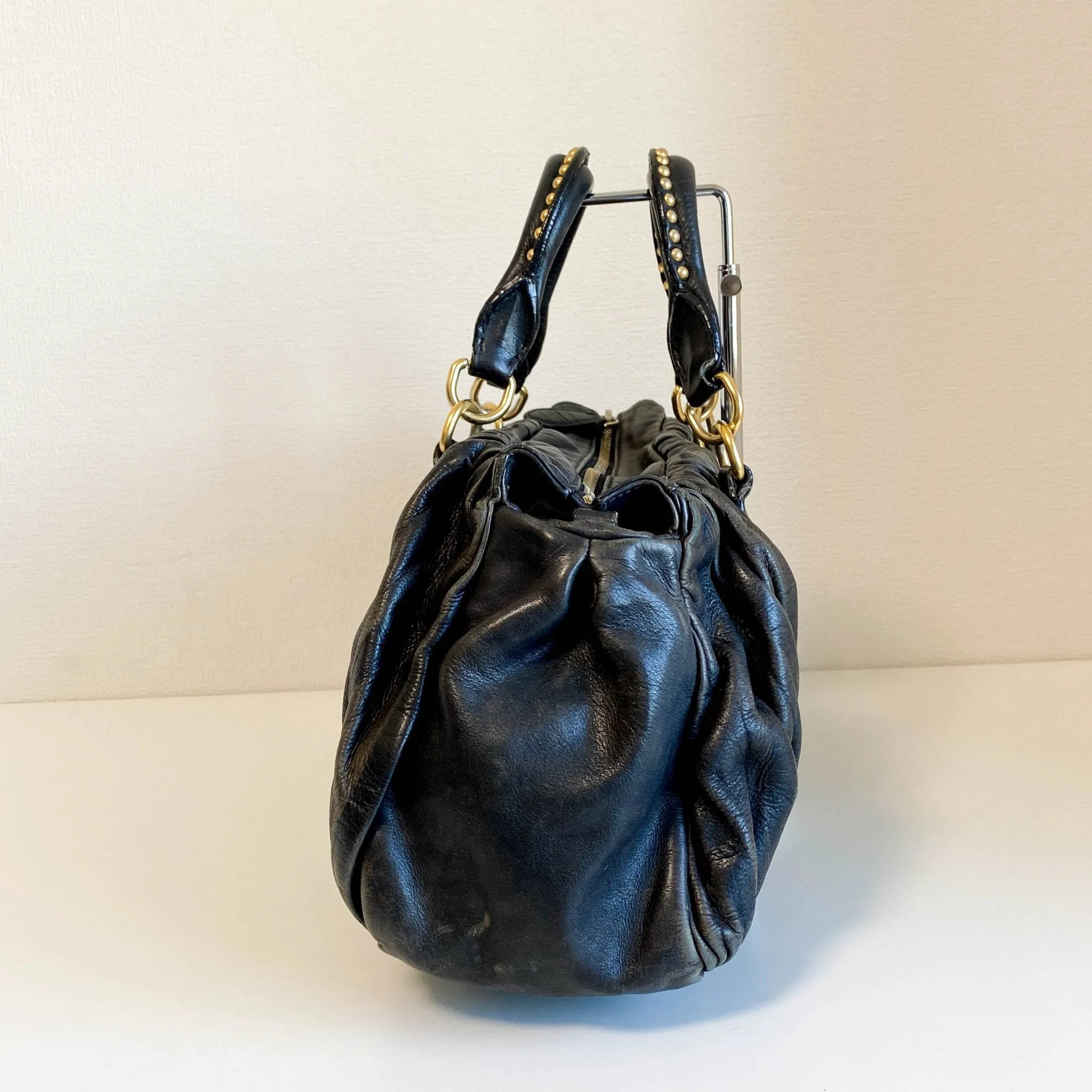 Pleated Leather Black Gold Hardware Handbag
