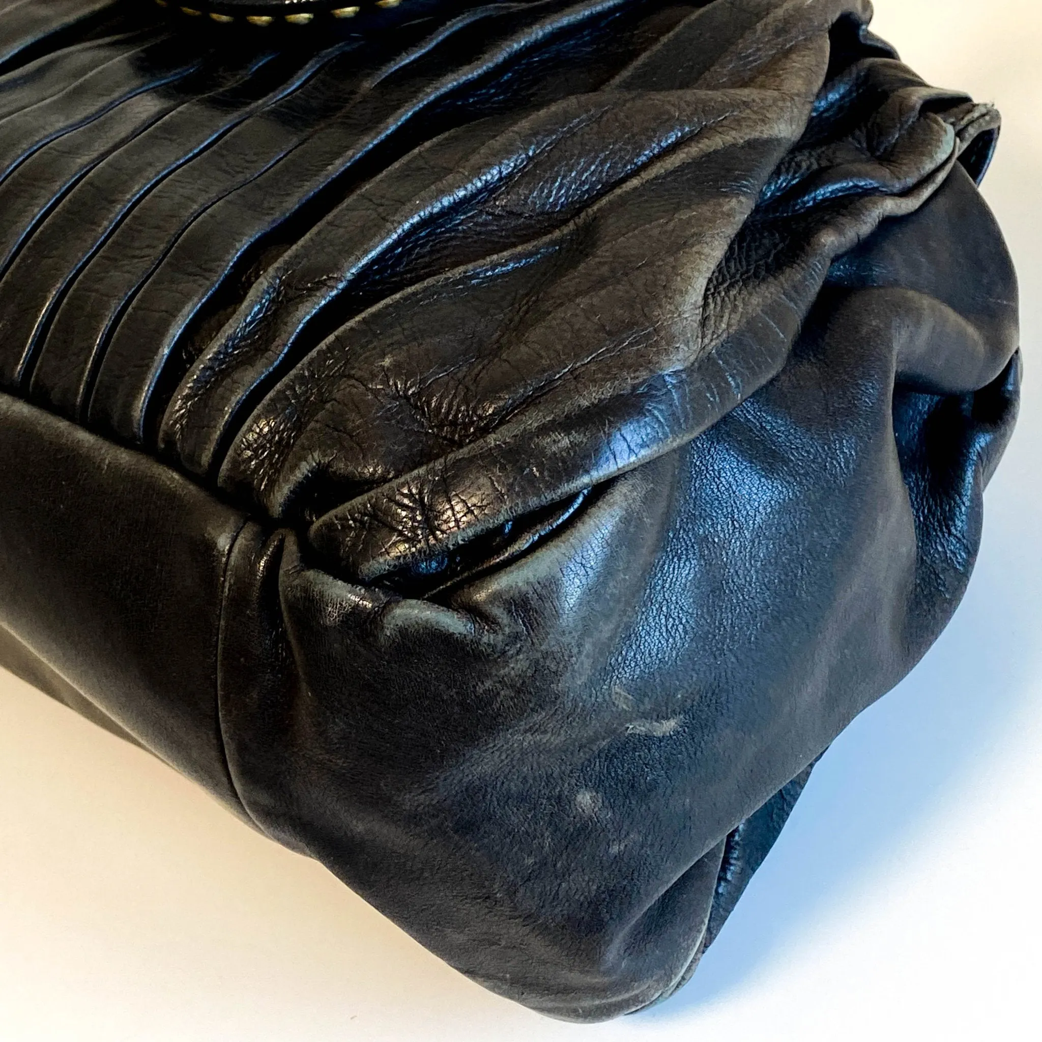 Pleated Leather Black Gold Hardware Handbag