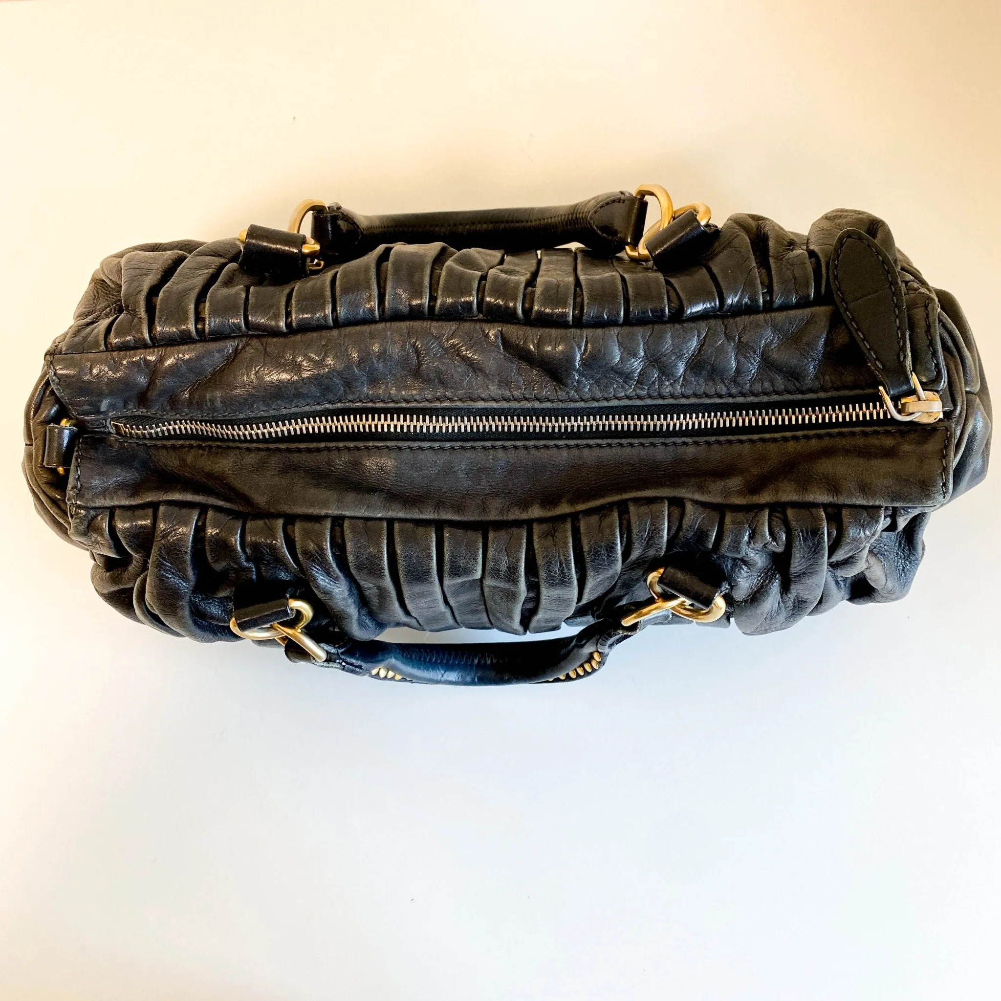 Pleated Leather Black Gold Hardware Handbag
