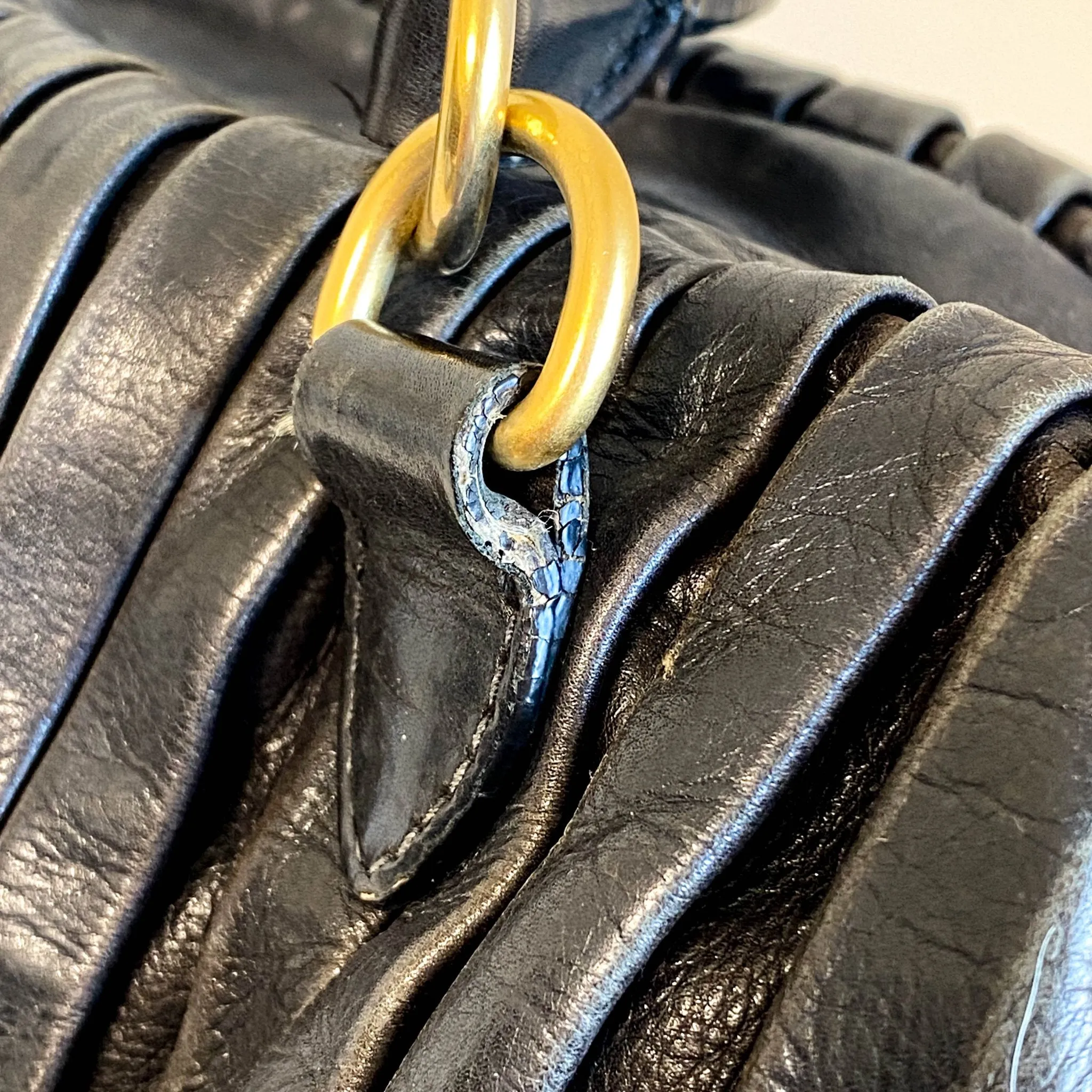 Pleated Leather Black Gold Hardware Handbag