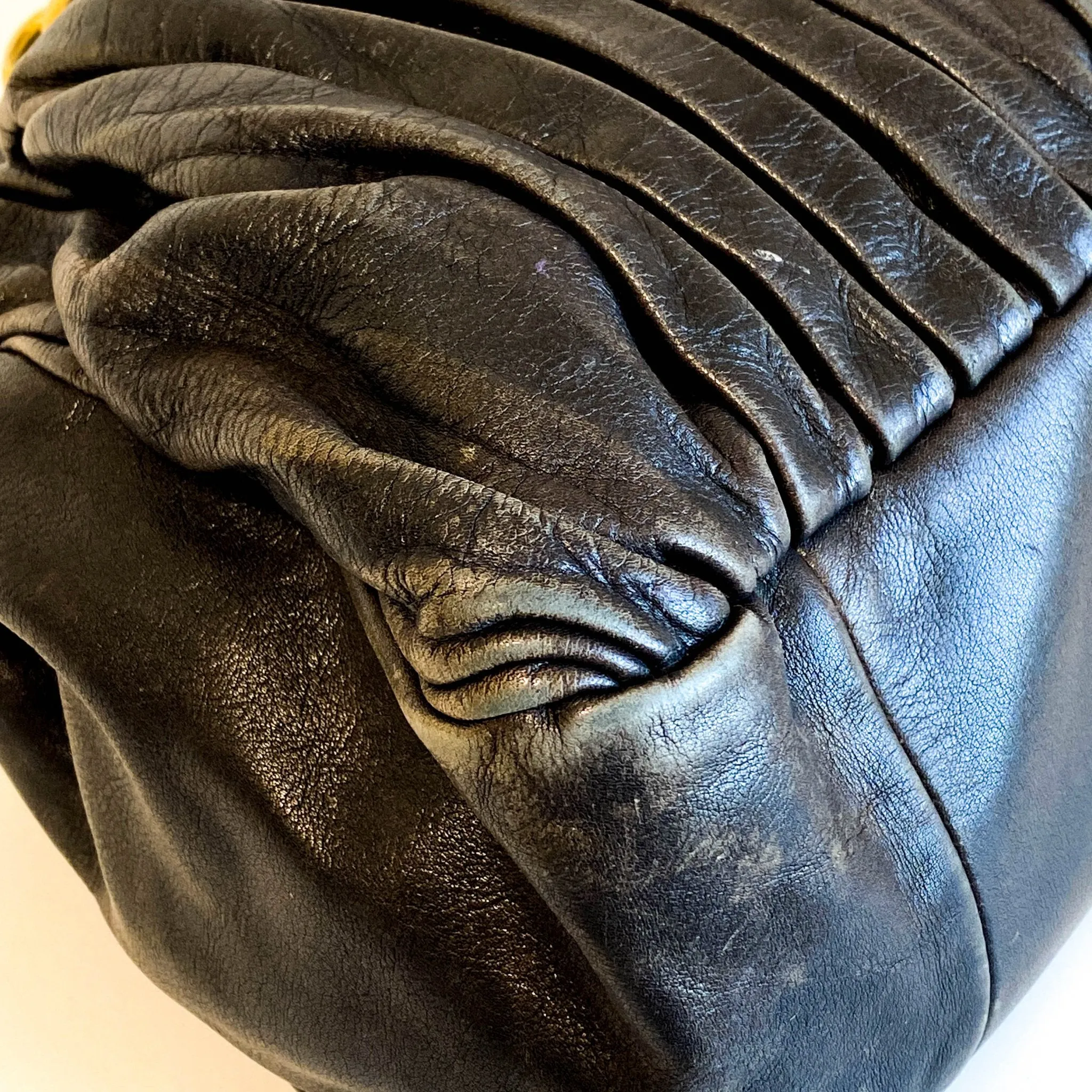 Pleated Leather Black Gold Hardware Handbag