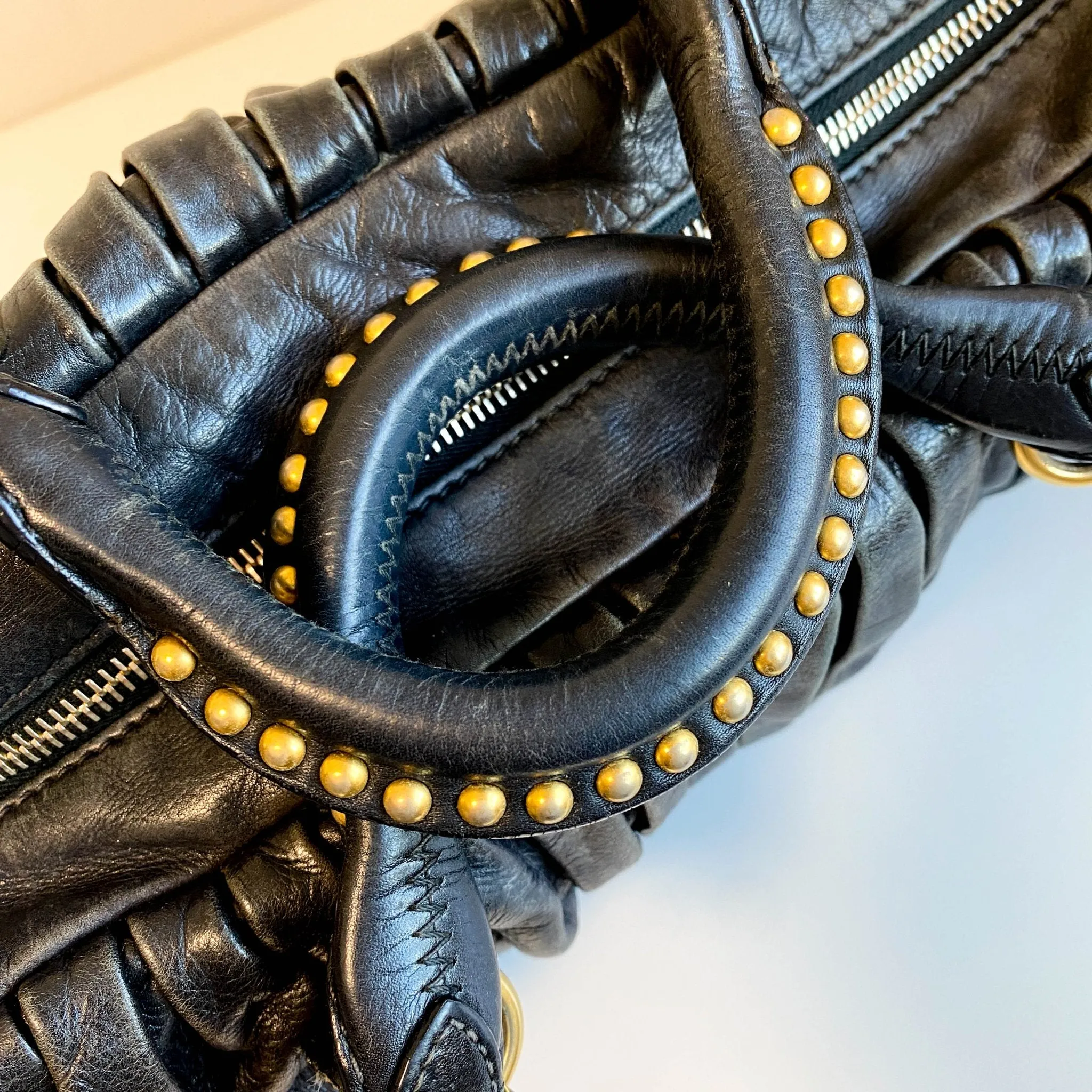 Pleated Leather Black Gold Hardware Handbag