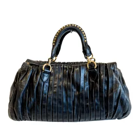 Pleated Leather Black Gold Hardware Handbag