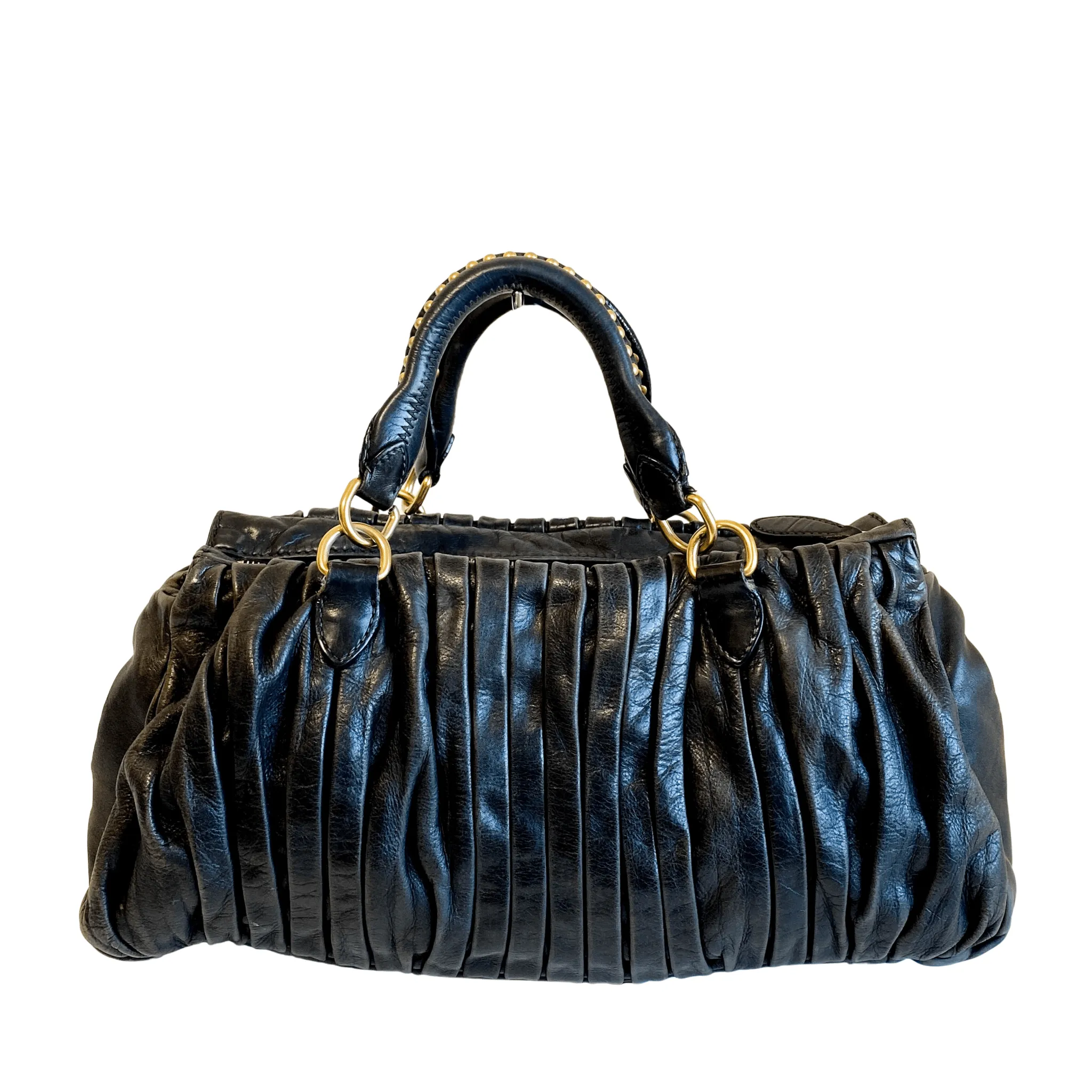 Pleated Leather Black Gold Hardware Handbag