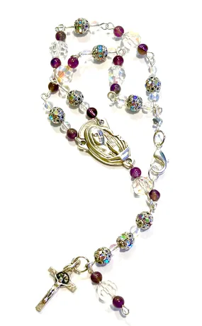 Purple & Iridescent Rosary Bracelet w'Mary Medal & St. Benedict Crucifix