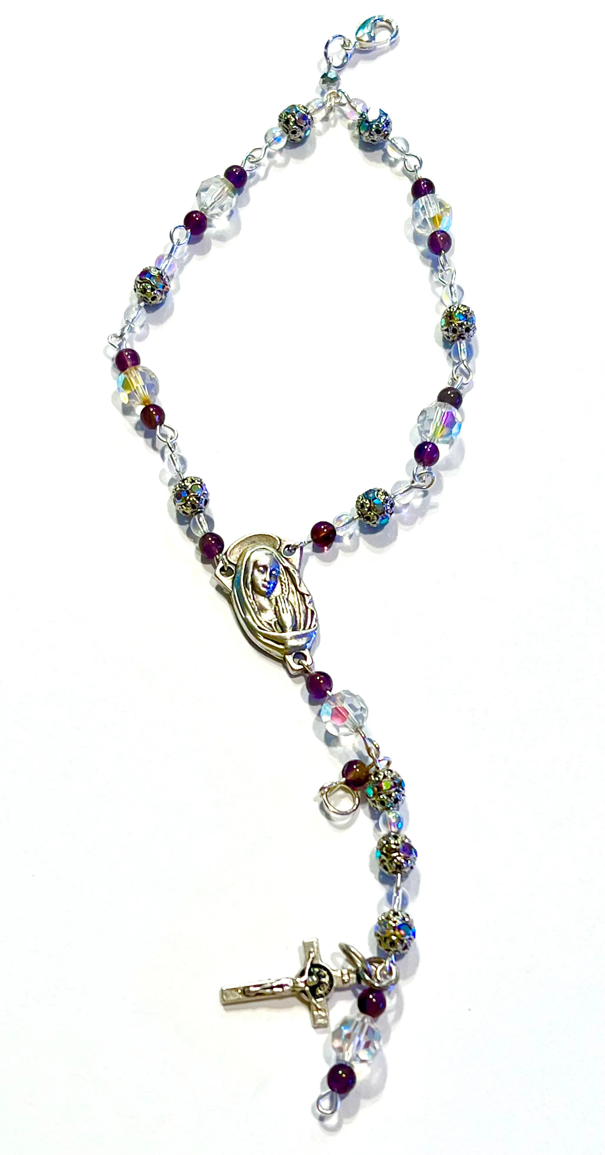 Purple & Iridescent Rosary Bracelet w'Mary Medal & St. Benedict Crucifix