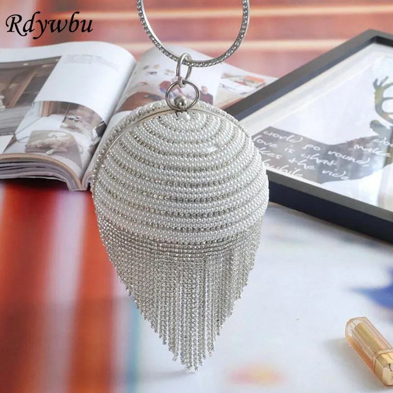 Rdywbu Best Price Diamond Tassel Pearl Beaded Clutch Bags Women Handbag Luxury Full Pearl Wedding Party Bags CrossBody Purse
