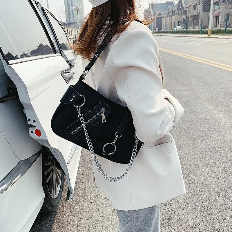 Rivet Women Shoulder Bag Causal Luxury ladies Hand bags Designer With Mini Pocket chain Female Messenger Bag handbag black