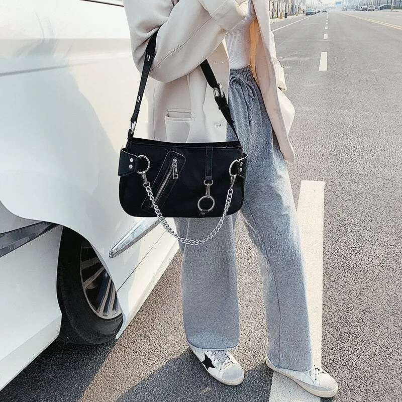 Rivet Women Shoulder Bag Causal Luxury ladies Hand bags Designer With Mini Pocket chain Female Messenger Bag handbag black