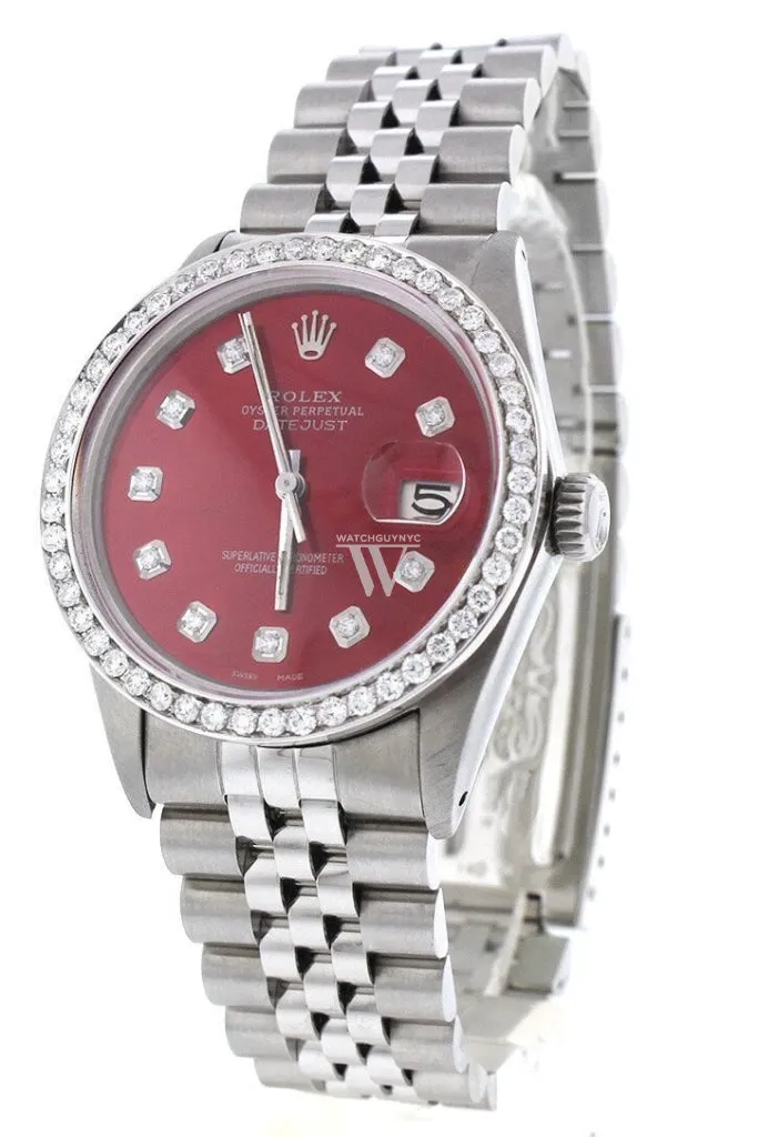 Rolex Custom Datejust 36 Red Diamond Dial Diamond Bezel Men's Watch