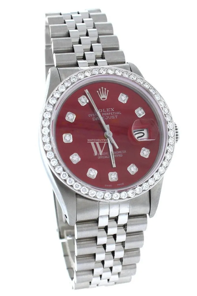 Rolex Custom Datejust 36 Red Diamond Dial Diamond Bezel Men's Watch