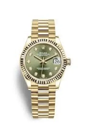 Rolex Datejust 31 Olive Green Diamond Dial Ladies 18kt Yellow Gold President Watch 278278GNDP