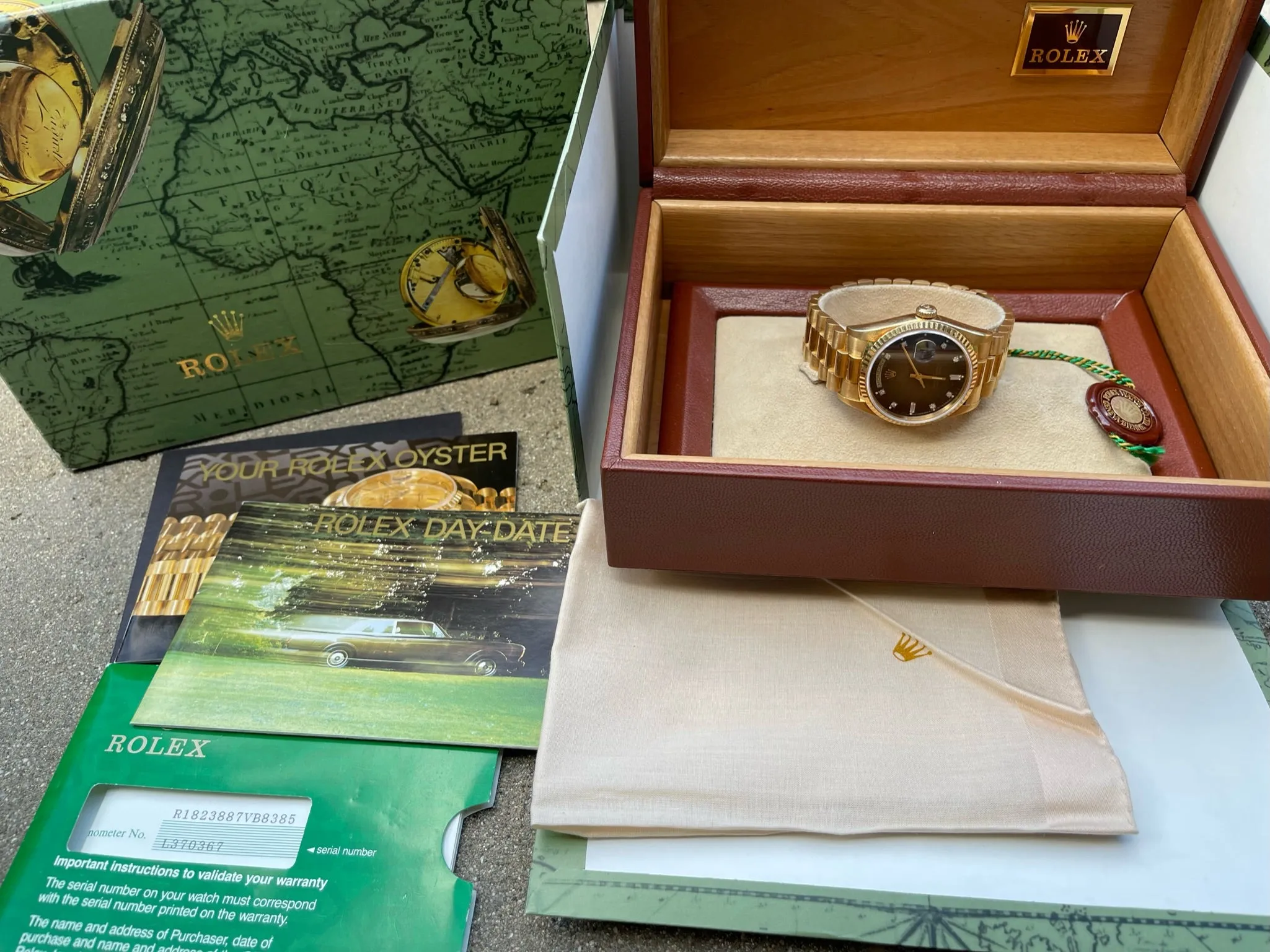 Rolex Presidential 36mm Day Date 18238 (Double Quickset) Mens or Womens Watch All-Factory Brown Vignette Diamond Dial 18k Solid Yellow Gold