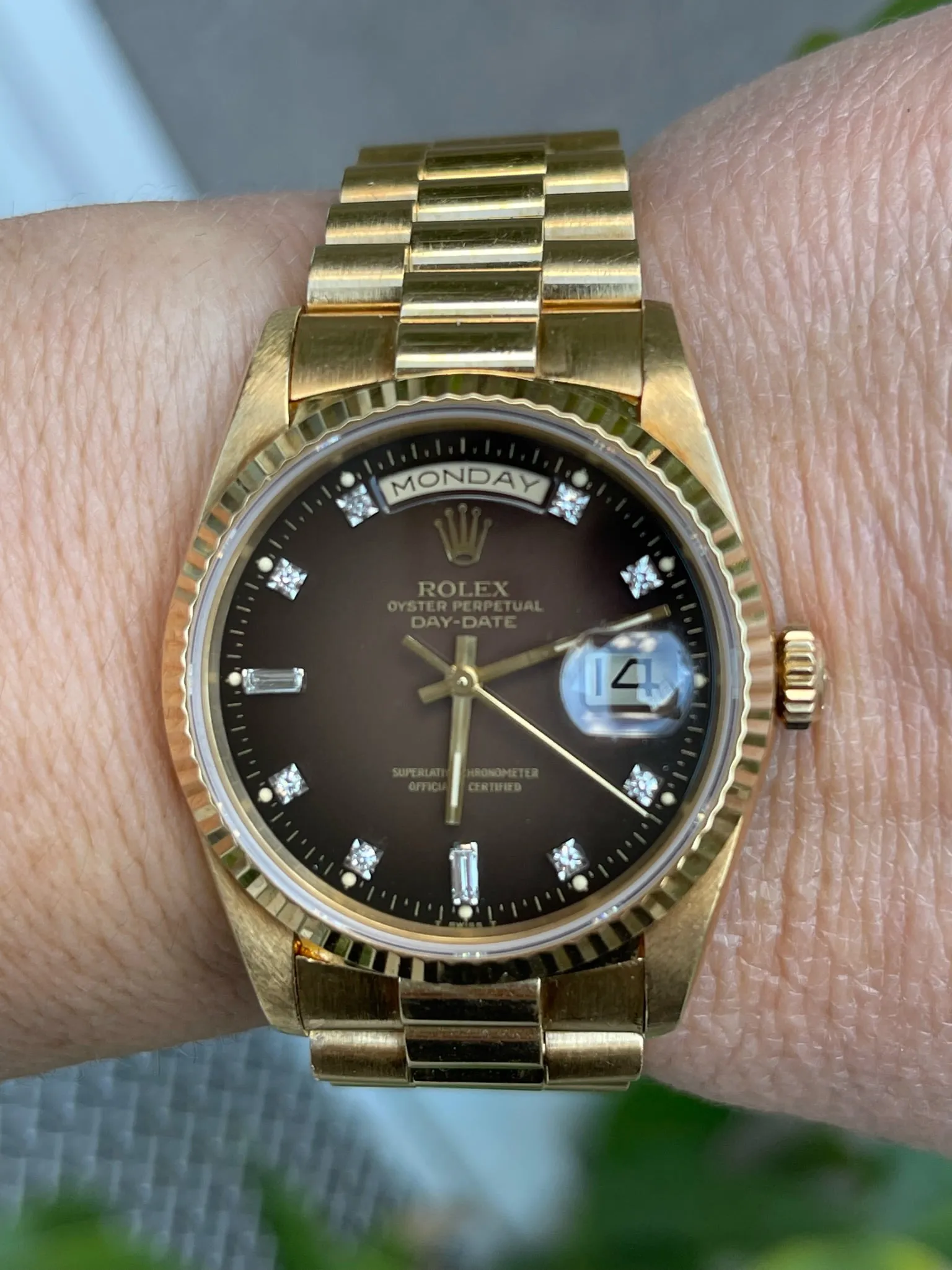 Rolex Presidential 36mm Day Date 18238 (Double Quickset) Mens or Womens Watch All-Factory Brown Vignette Diamond Dial 18k Solid Yellow Gold