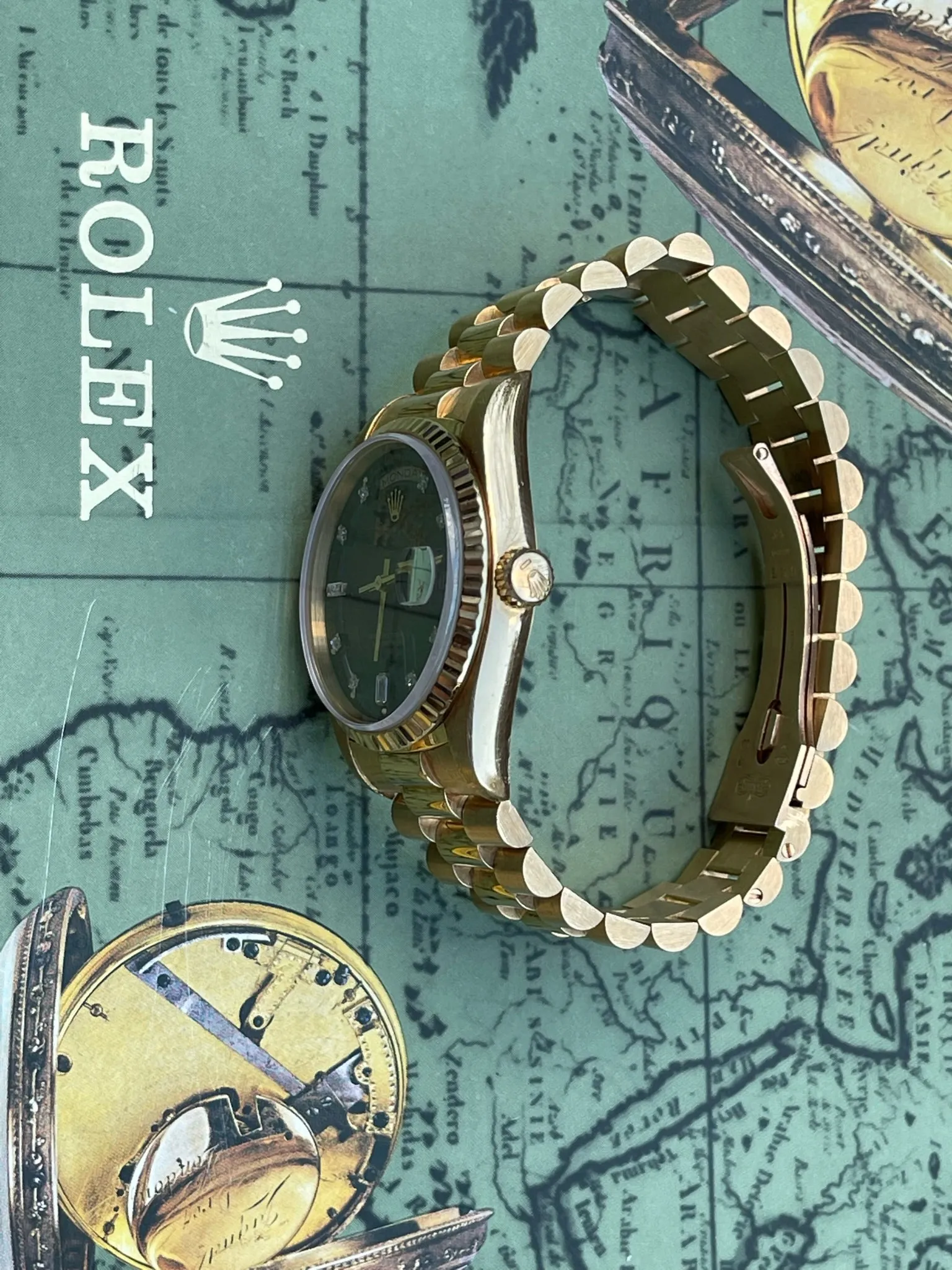 Rolex Presidential 36mm Day Date 18238 (Double Quickset) Mens or Womens Watch All-Factory Brown Vignette Diamond Dial 18k Solid Yellow Gold