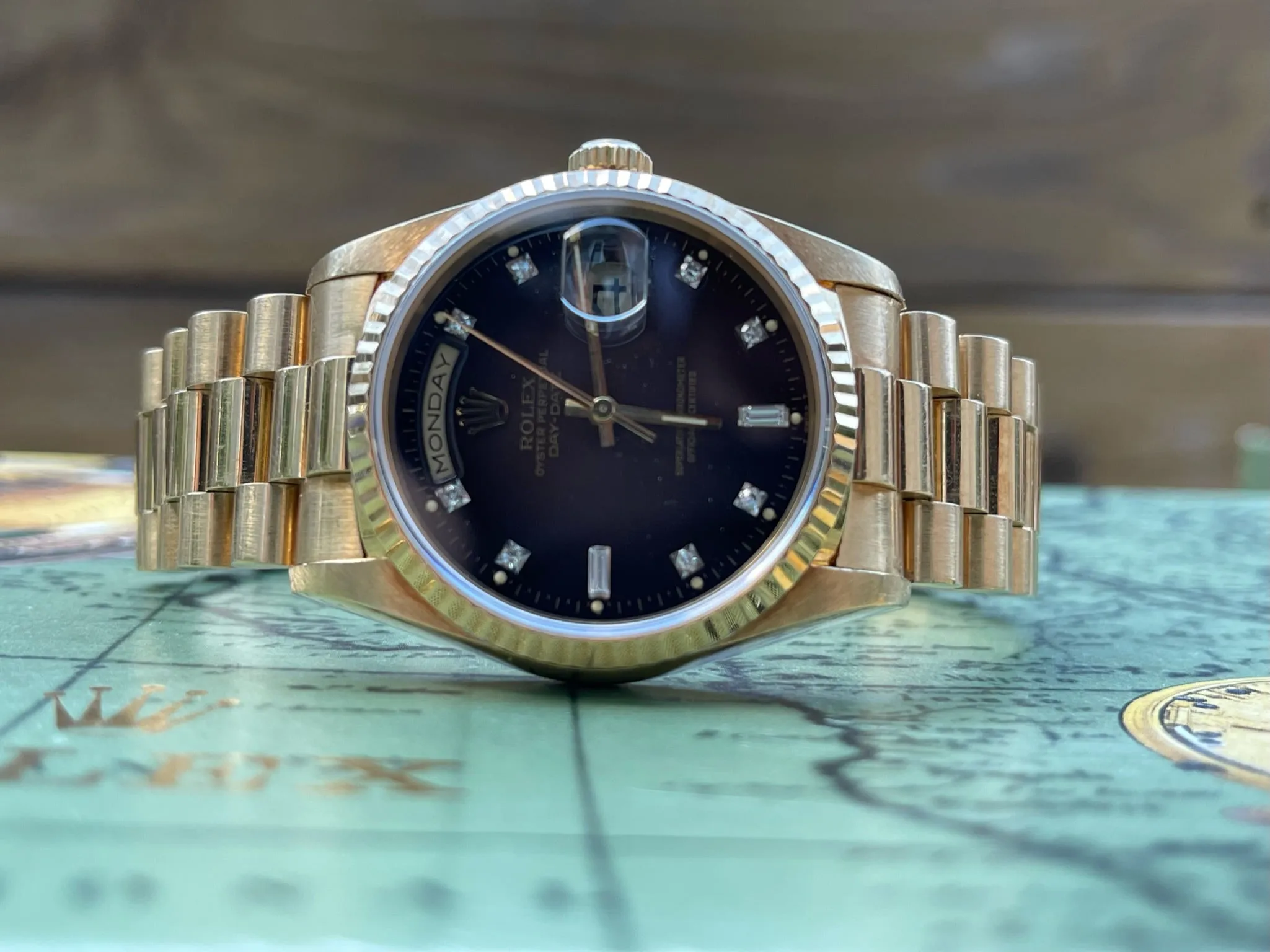 Rolex Presidential 36mm Day Date 18238 (Double Quickset) Mens or Womens Watch All-Factory Brown Vignette Diamond Dial 18k Solid Yellow Gold