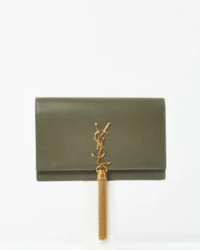 Saint Laurent Army Green Leather Kate Chain Tassel Wallet On Chain
