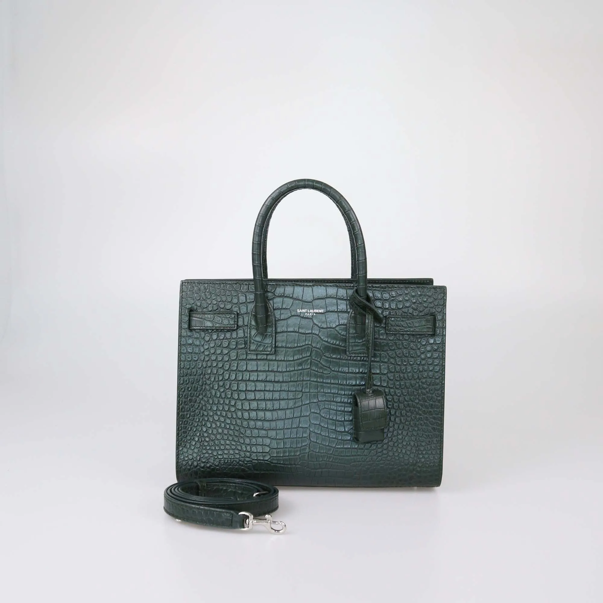 Saint Laurent Green Croc Embossed Baby Sac De Jour Tote