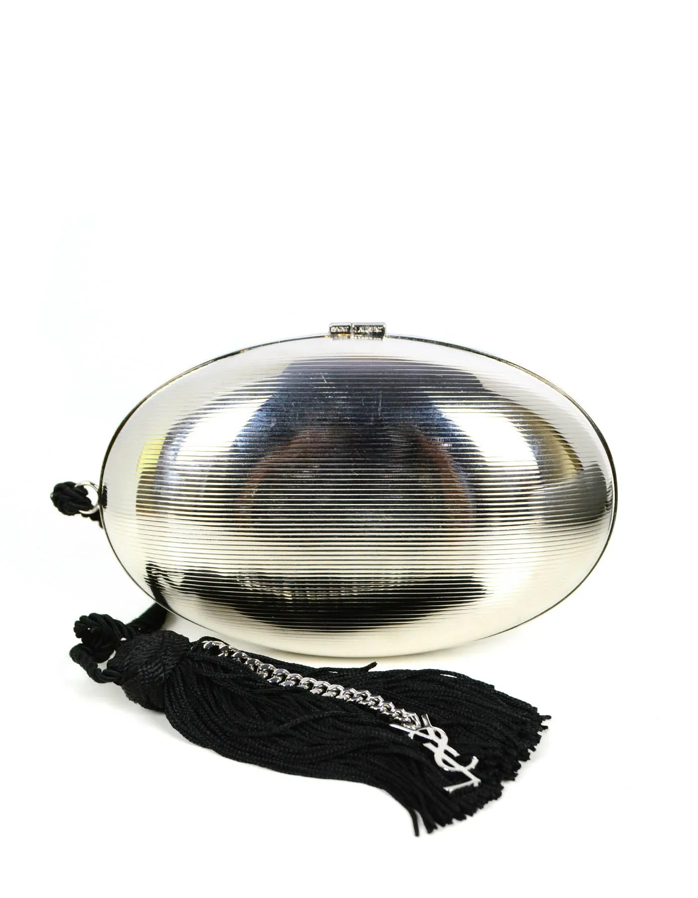 Saint Laurent Silver Monogram Hard Case Tassel Clutch Bag