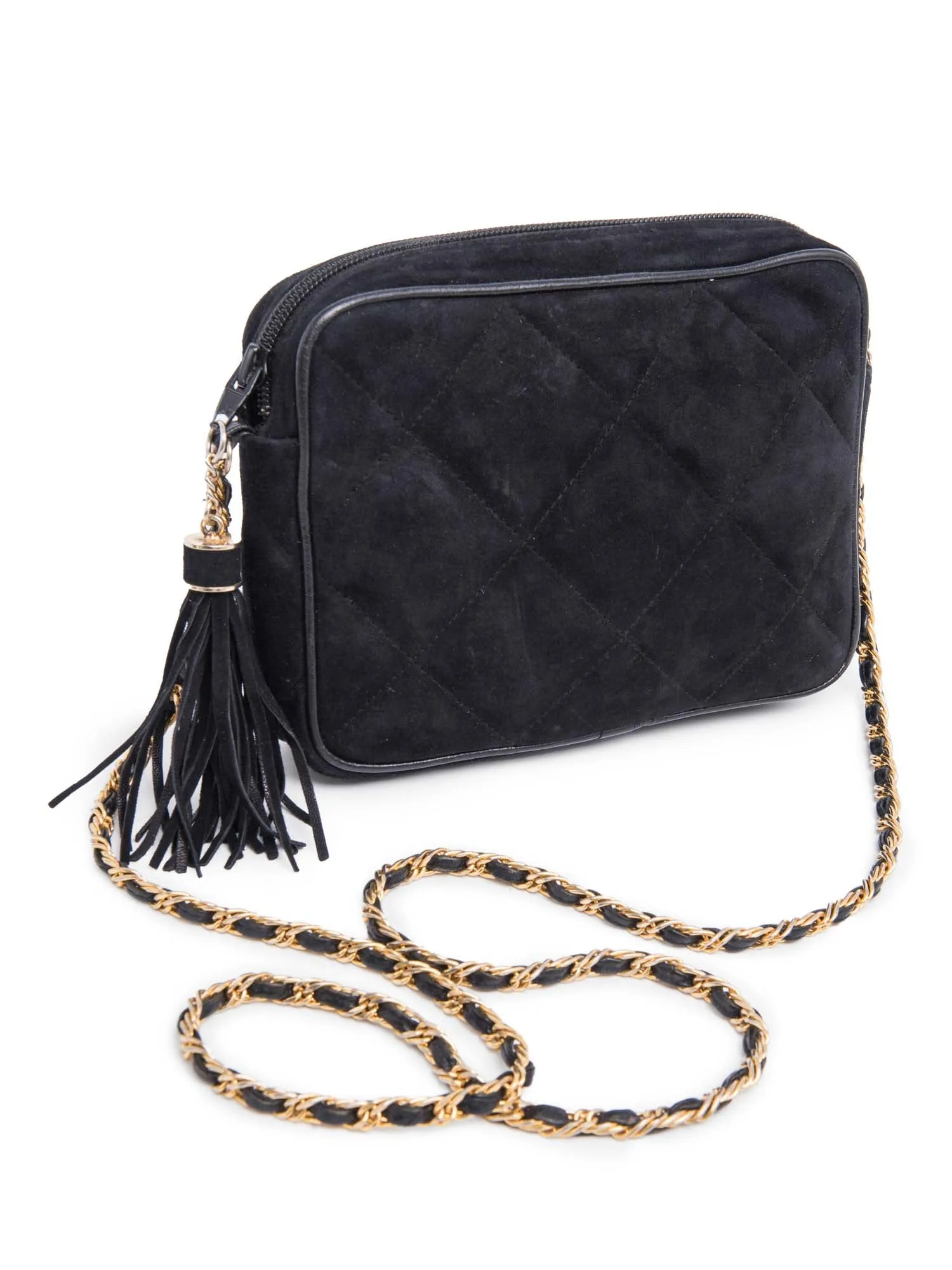 Saks Fifth Avenue Suede Quilted Tassel Messenger Bag Black