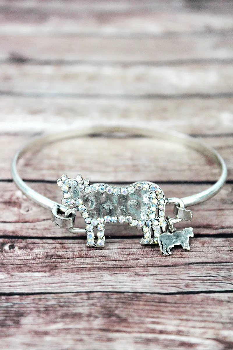 SALE! Iridescent Crystal Trimmed Burnished Silvertone Cow Bracelet