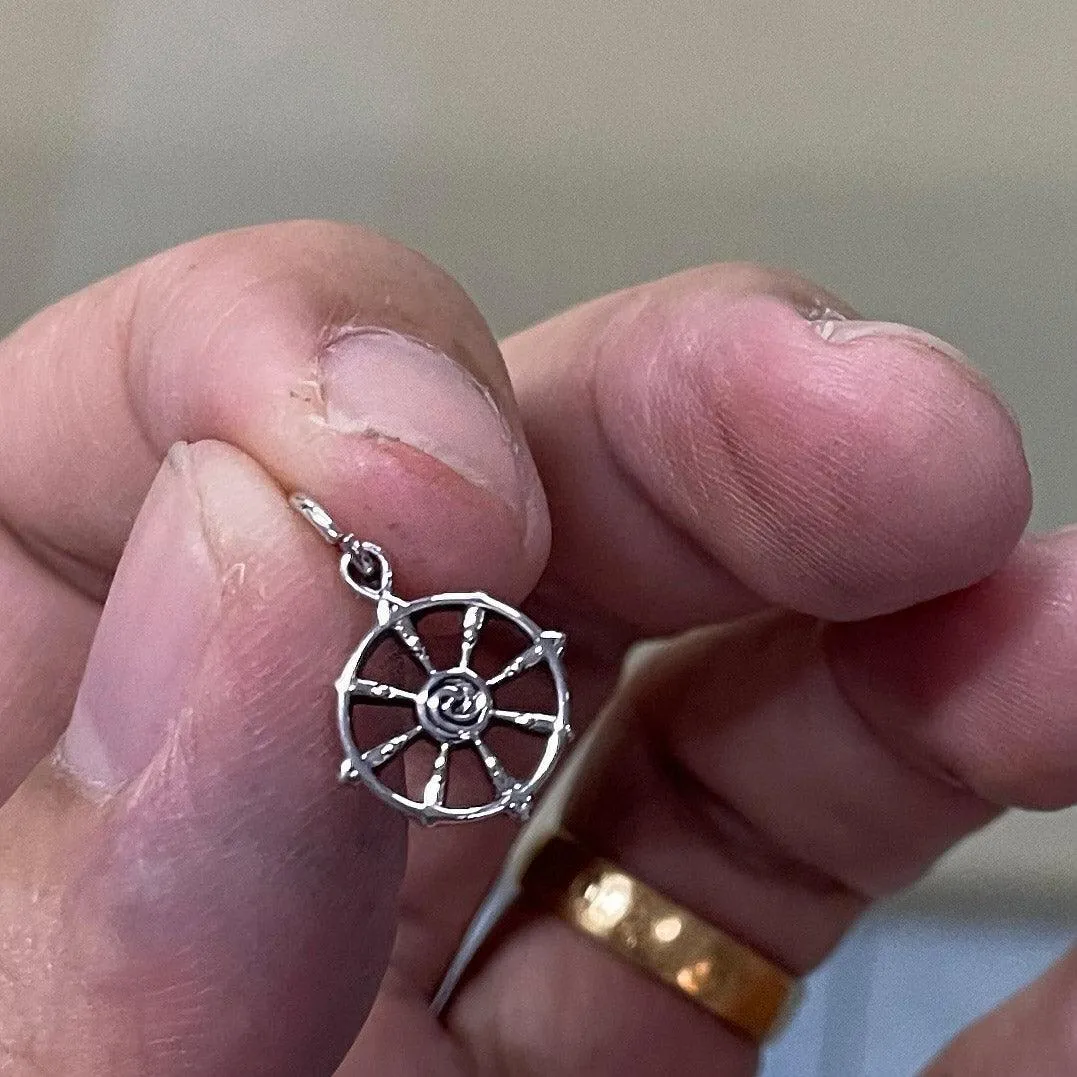 Ship Wheel with Wave Silver Charm