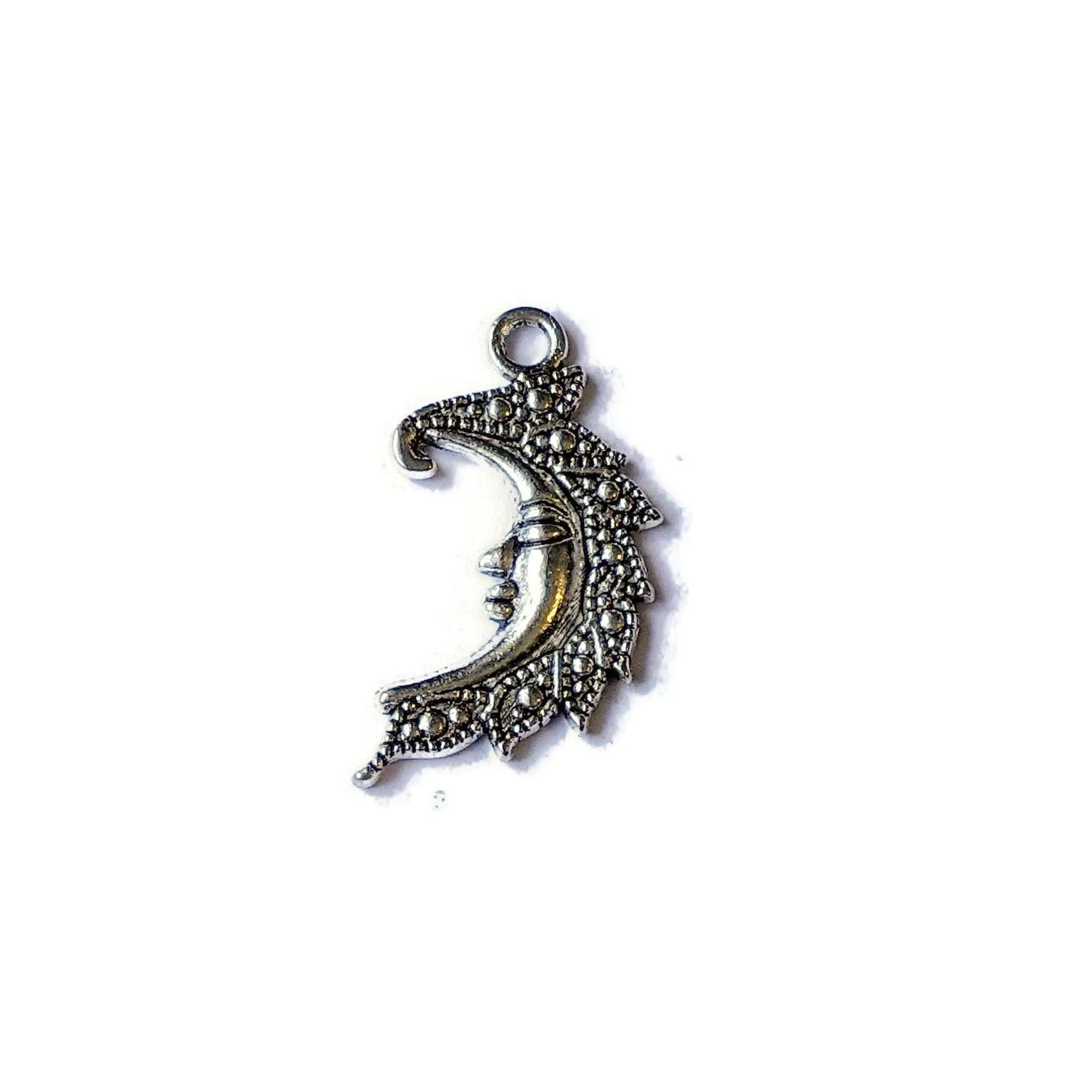Silver Fancy Crescent Moon Face Charm