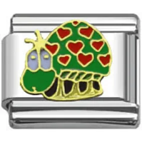 Stainless Steel 9mm Shiny Link with 'Green Bug with Red Hearts' for Italian Charm Bracelet