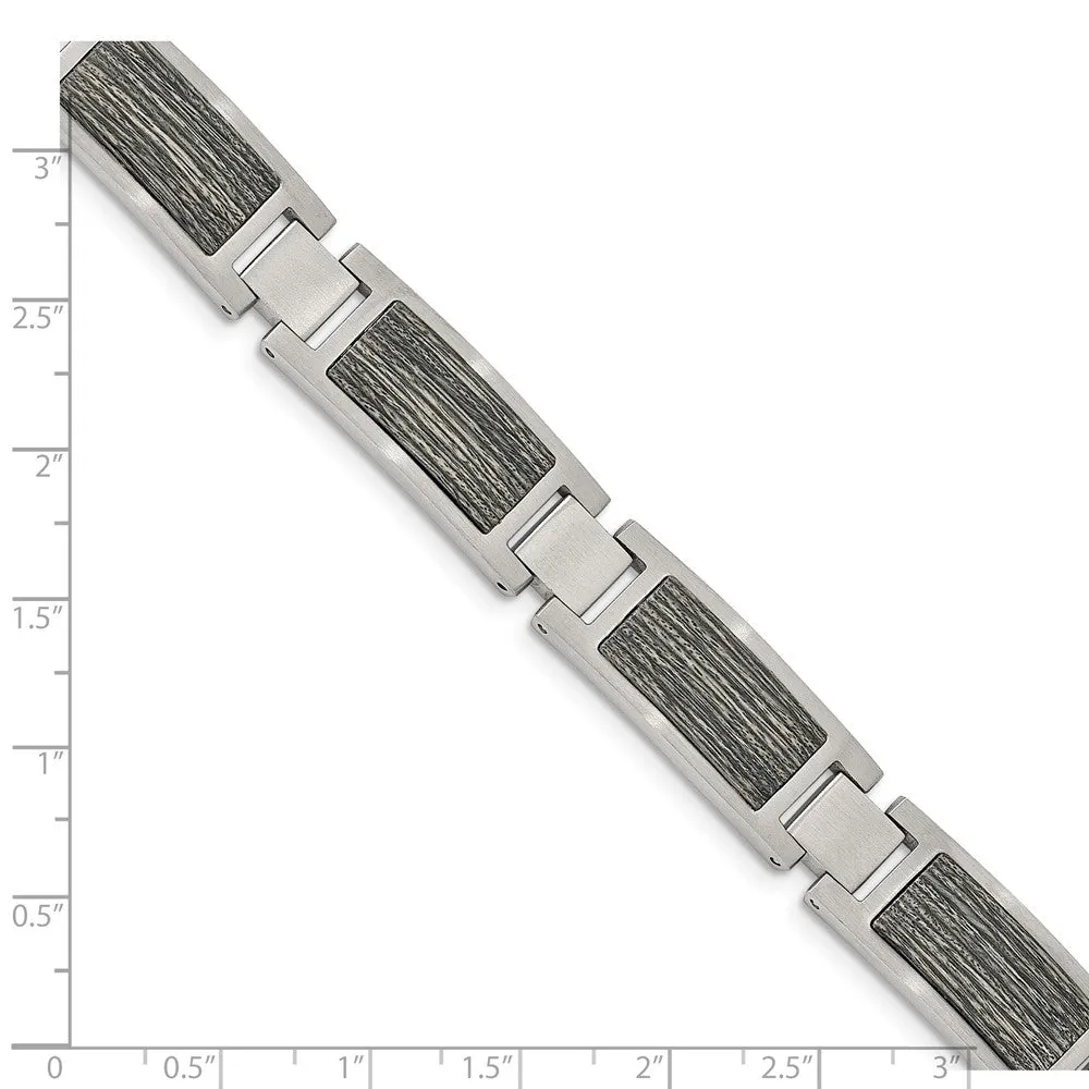 Stainless Steel Brushed with Gray Wood Inlay 8.75in Link Bracelet