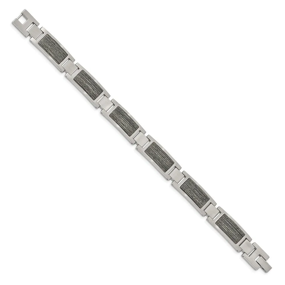 Stainless Steel Brushed with Gray Wood Inlay 8.75in Link Bracelet