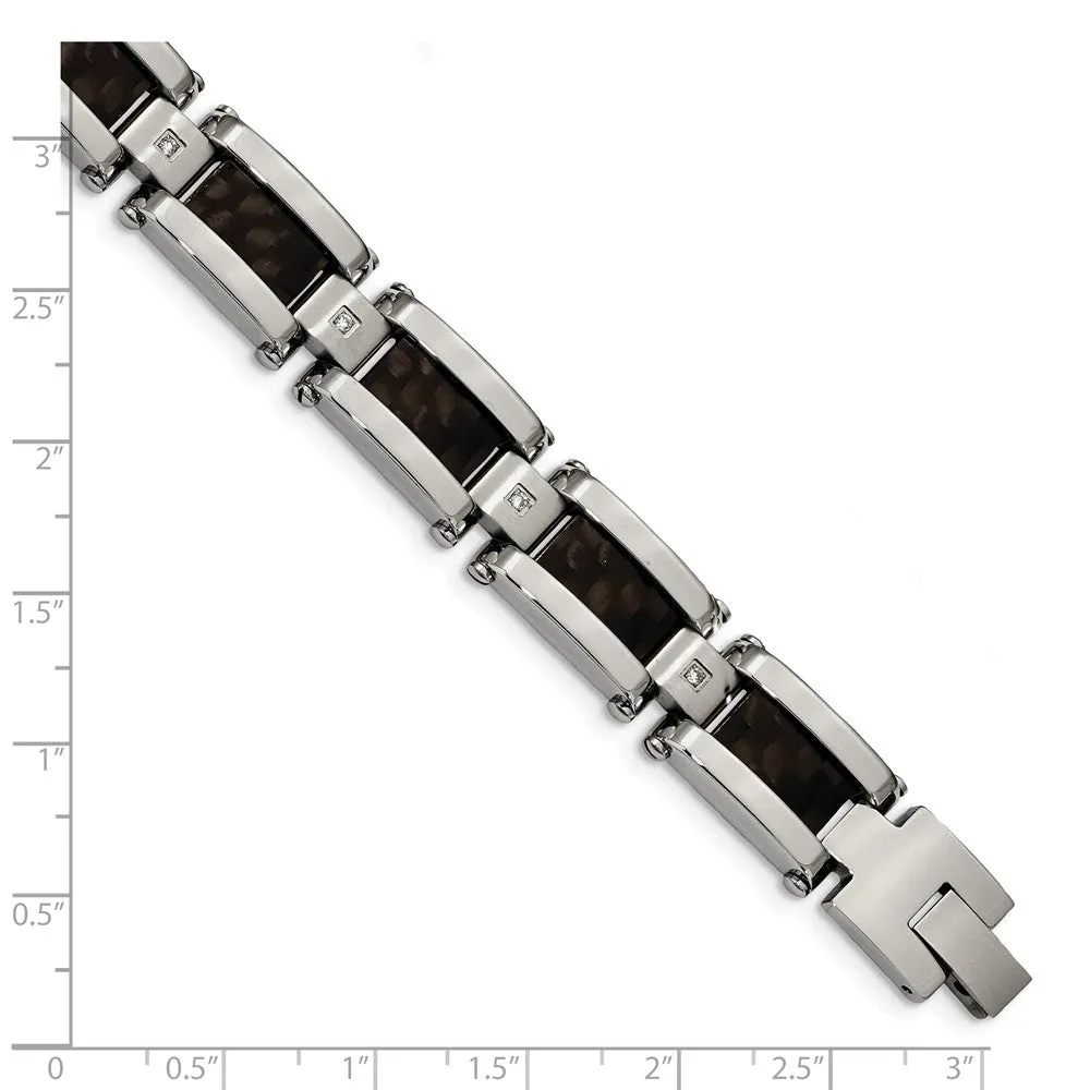 Stainless Steel Polished Black Carbon Fiber Inlay w/CZ 8.5 inch Bracelet