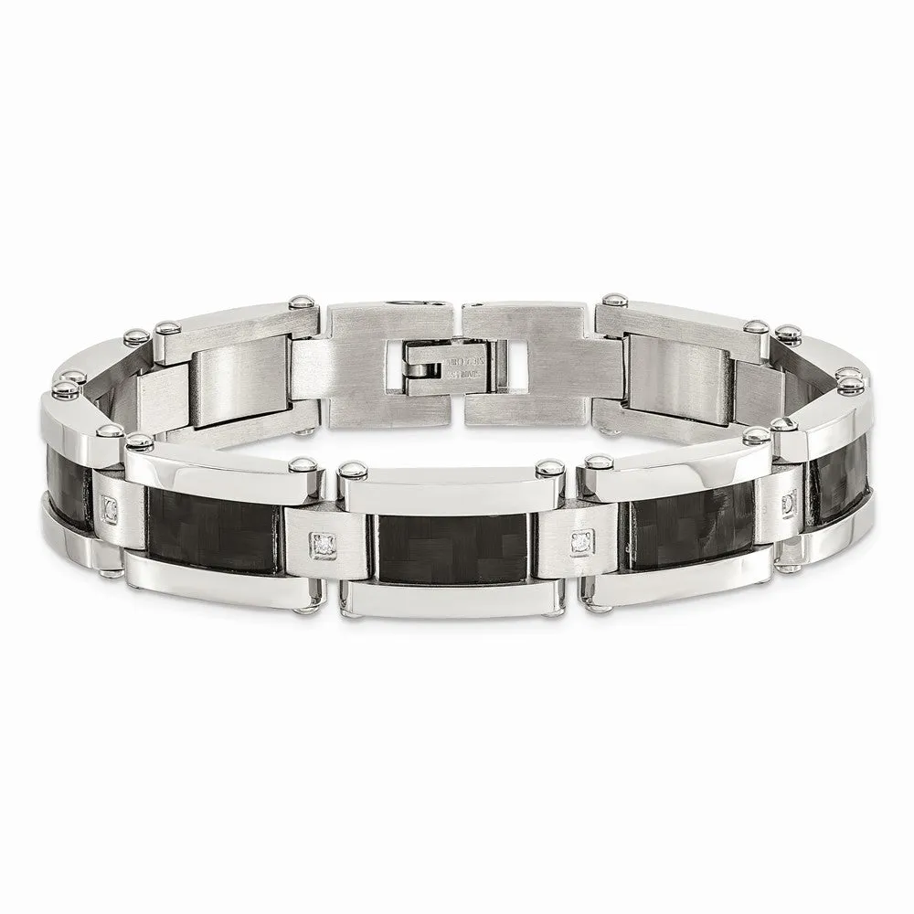 Stainless Steel Polished Black Carbon Fiber Inlay w/CZ 8.5 inch Bracelet