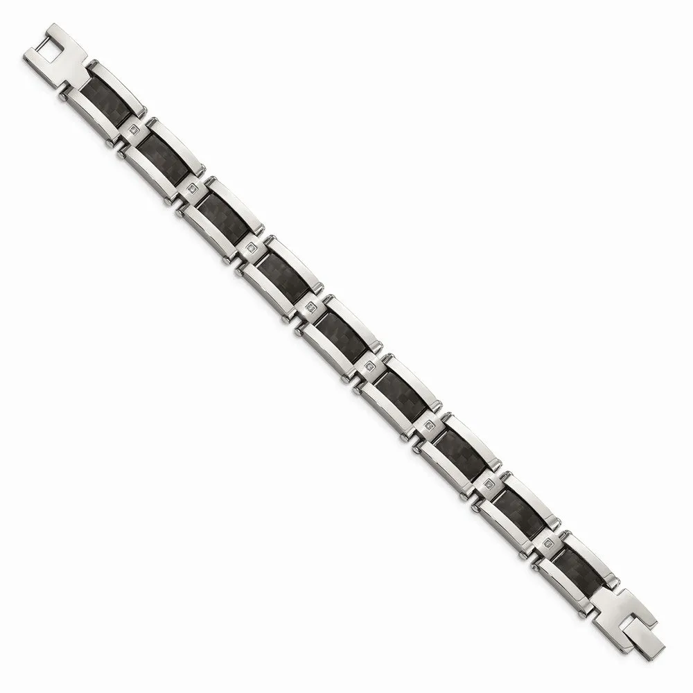 Stainless Steel Polished Black Carbon Fiber Inlay w/CZ 8.5 inch Bracelet