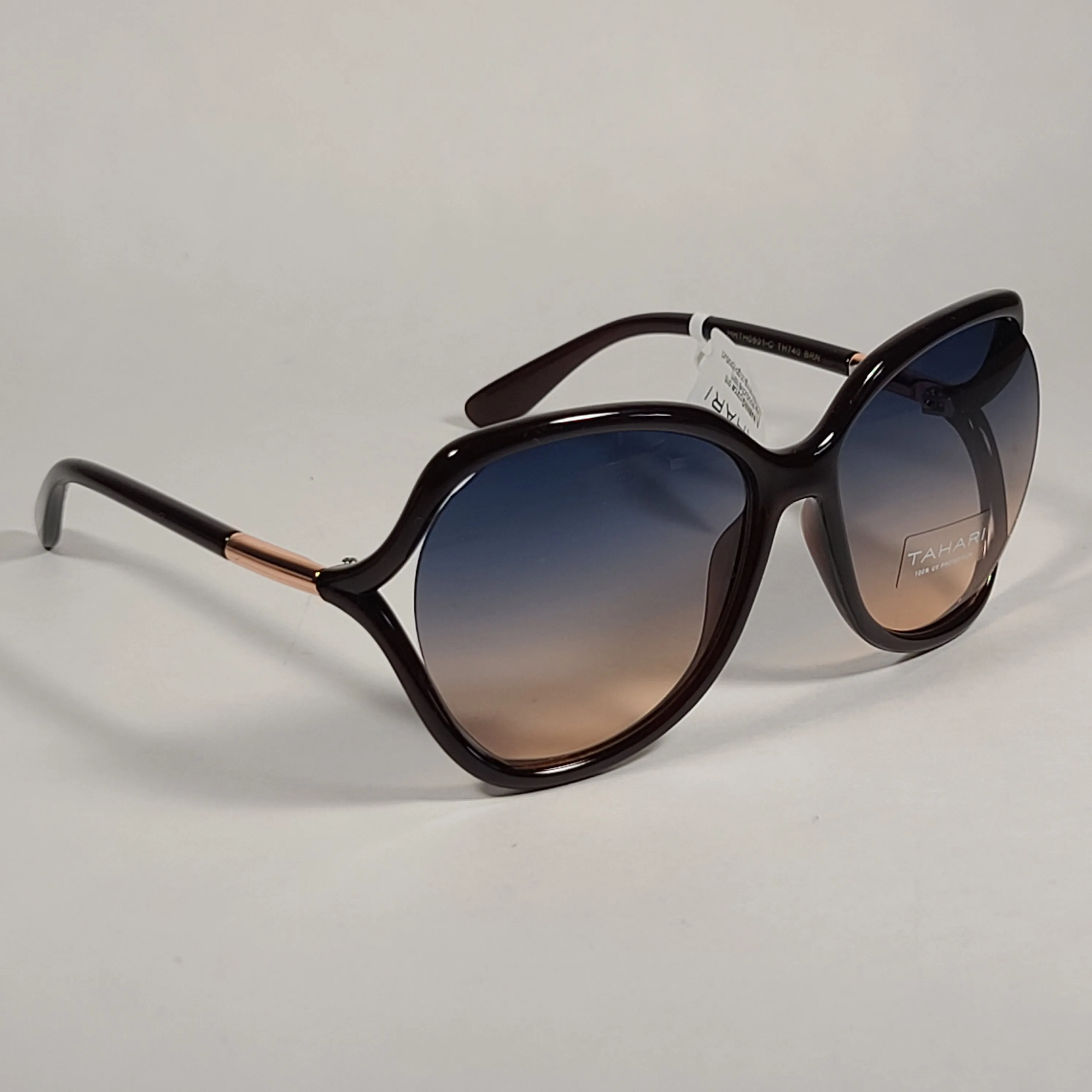 Tahari Butterfly Vented Sunglasses Brown Frame Blue Pink Gradient Lens TH740 BRN