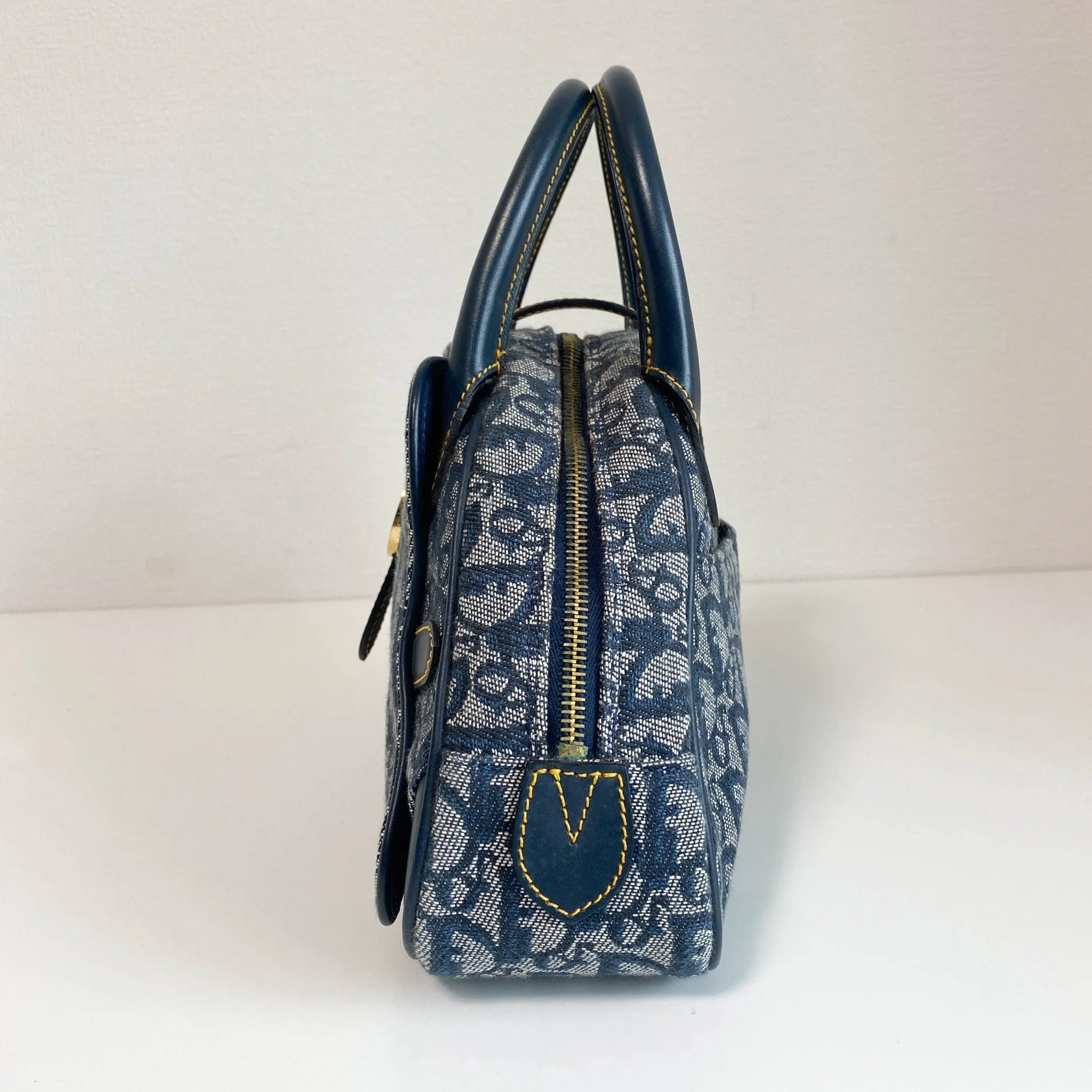 Trotter Double Saddle Hand Bag Canvas Leather Navy