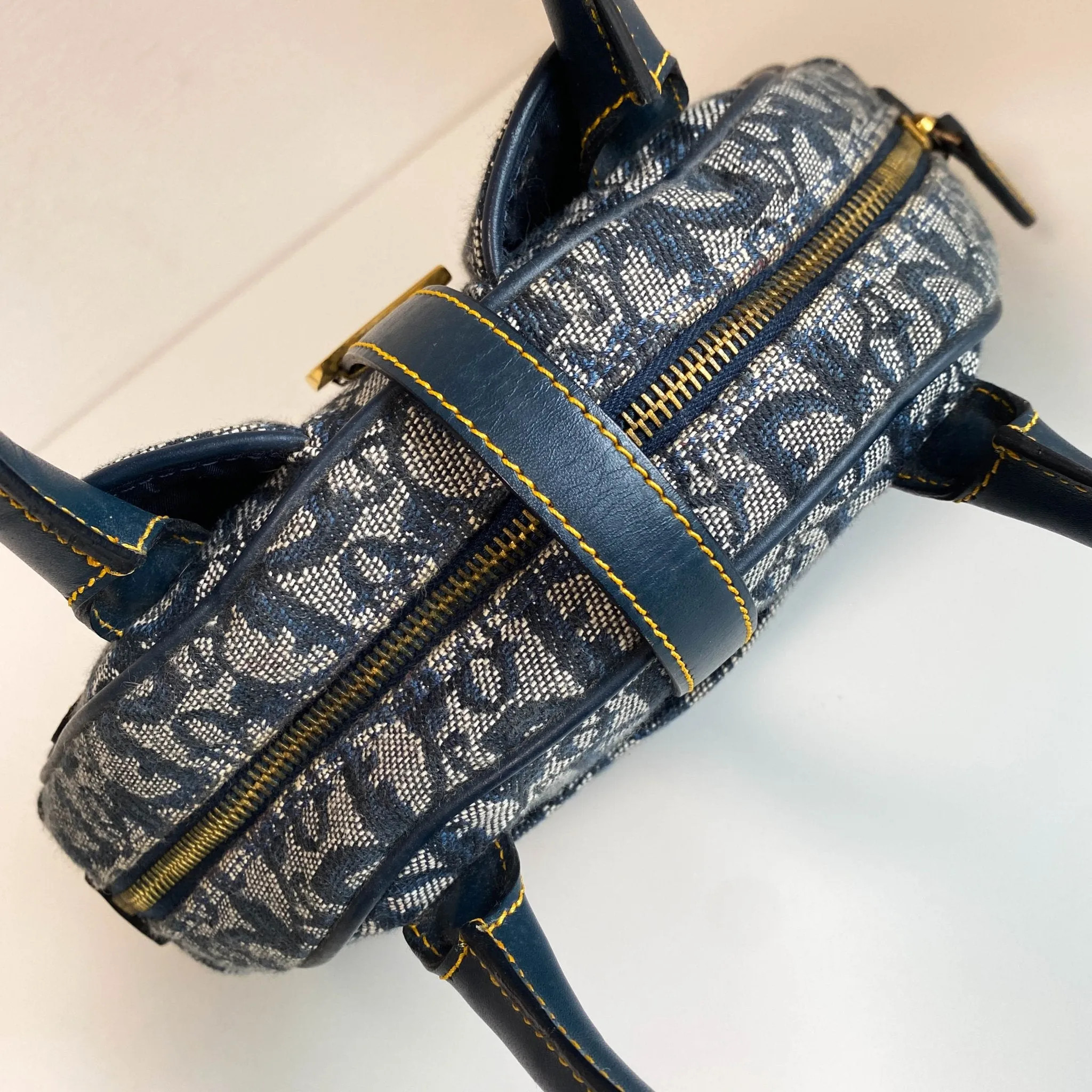 Trotter Double Saddle Hand Bag Canvas Leather Navy