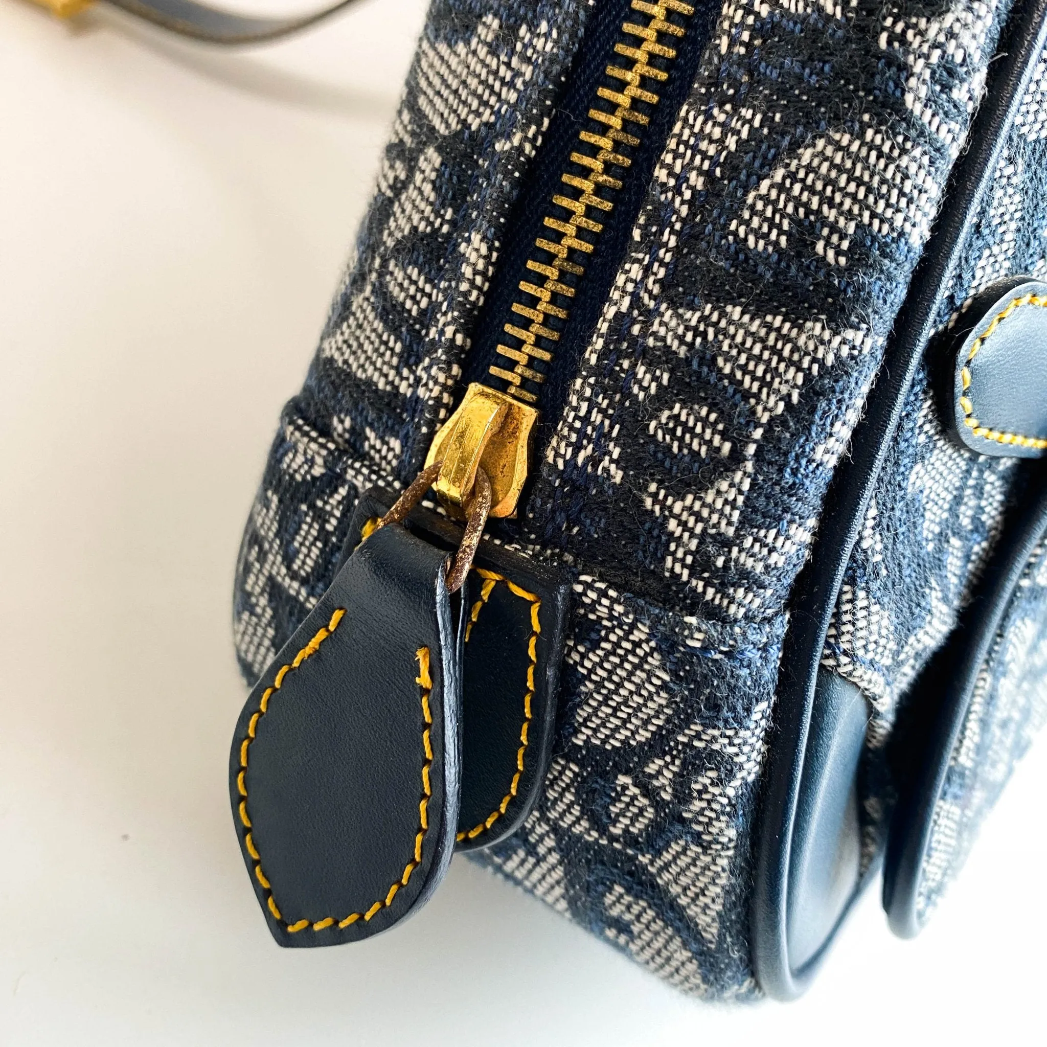 Trotter Double Saddle Hand Bag Canvas Leather Navy