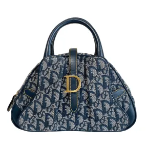 Trotter Double Saddle Hand Bag Canvas Leather Navy