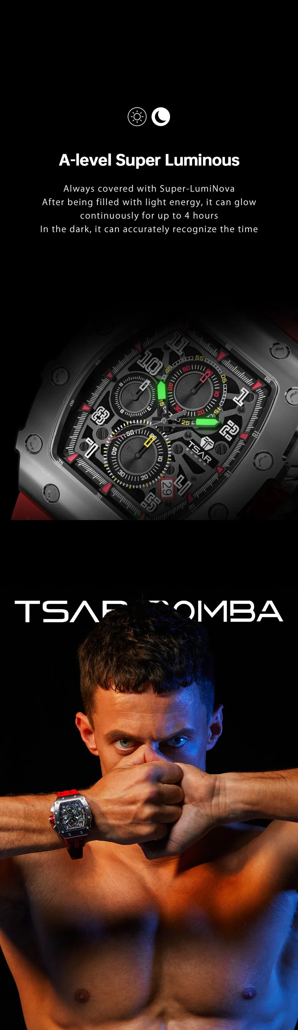 TSAR BOMBA 50M Waterproof Stainless Steel Wristwatch Sport Chronograph