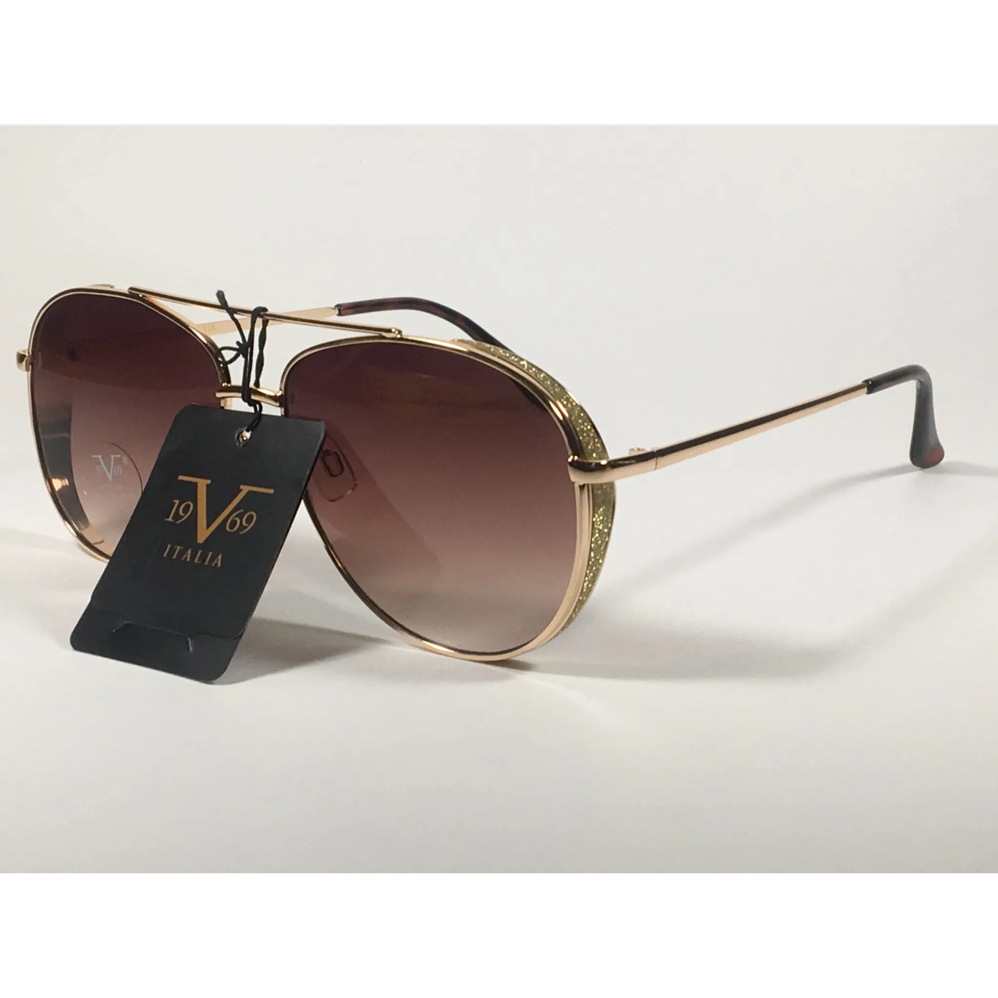 Versace 19V69 Italia Mona Tunnel Vision Aviator Pilot Sunglasses Gold Metal Brown Gradient Lens