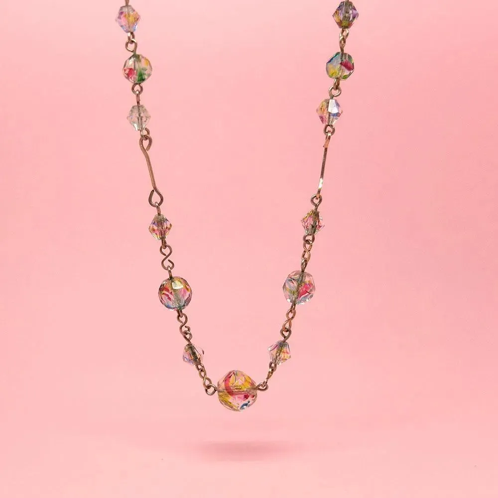 Vintage 1930s Art Deco Iris Glass Rolled Gold Beaded Necklace