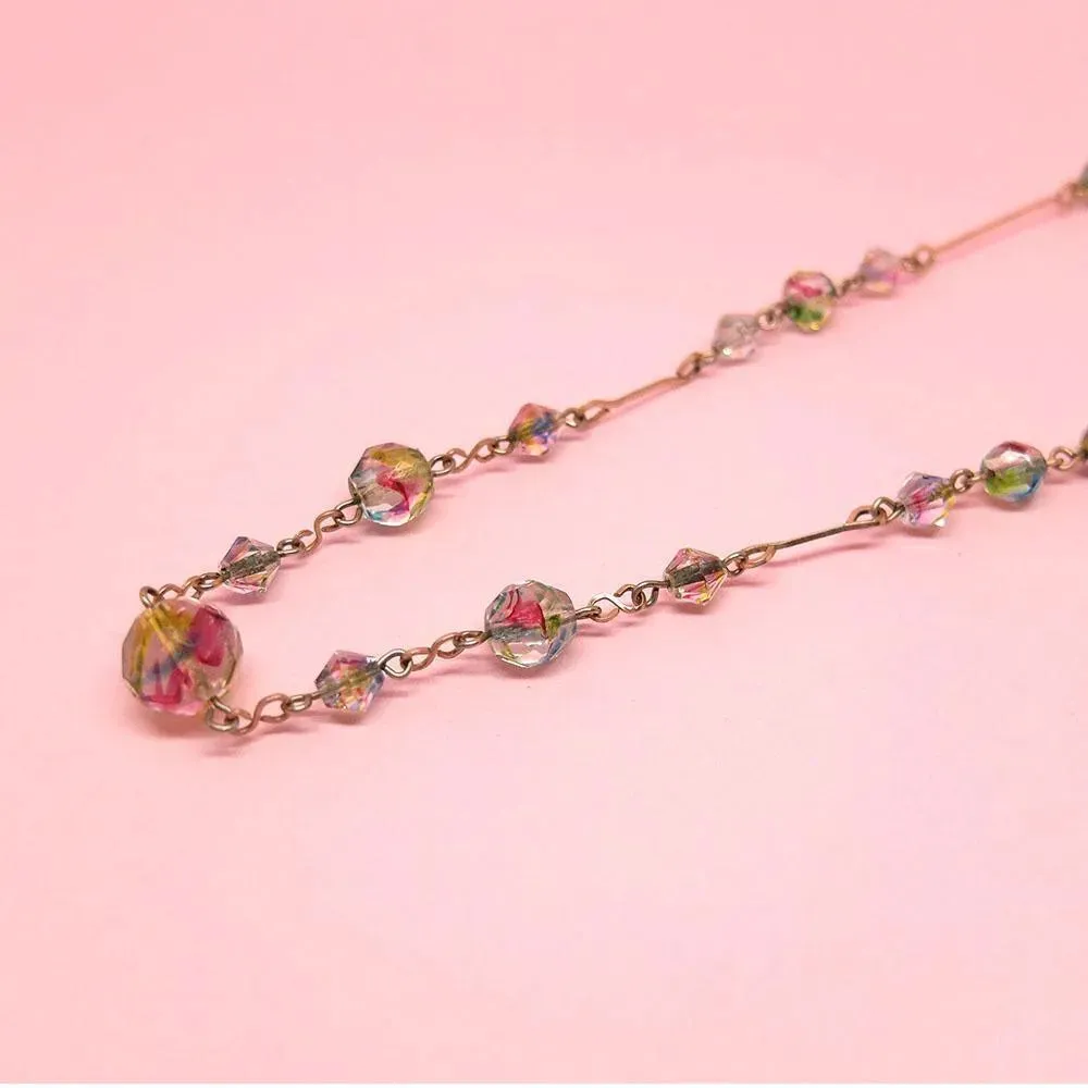 Vintage 1930s Art Deco Iris Glass Rolled Gold Beaded Necklace